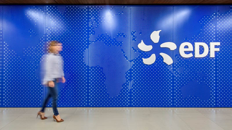EDF logo Hang on a blue wall - Mace Group